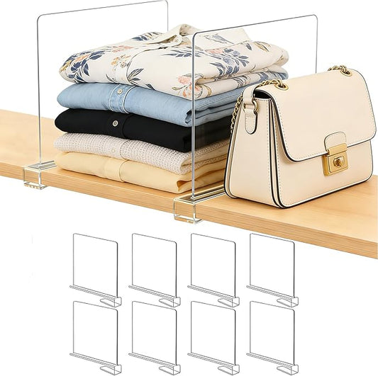 Acrylic Shelf Dividers for Closet Organization: Clear Handbag Purse Organizer for Closet - Shelf Separators for Sweater Sweatshirt Clothes Towel in Bedroom Kitchen, 8Pack