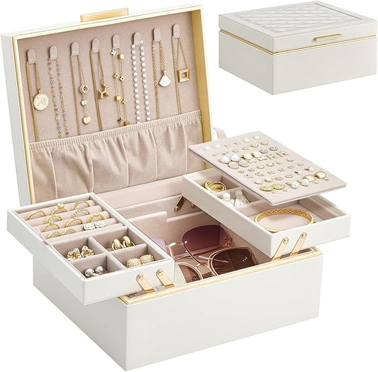 Lolalet Jewelry Box Organizer for Women Girls, 2 Layer Jewelry Organizers and Storage for Necklace Earrings Rings Bracelets, Large Jewellery Holder Case Birthday Mothers Day Gifts -Cream