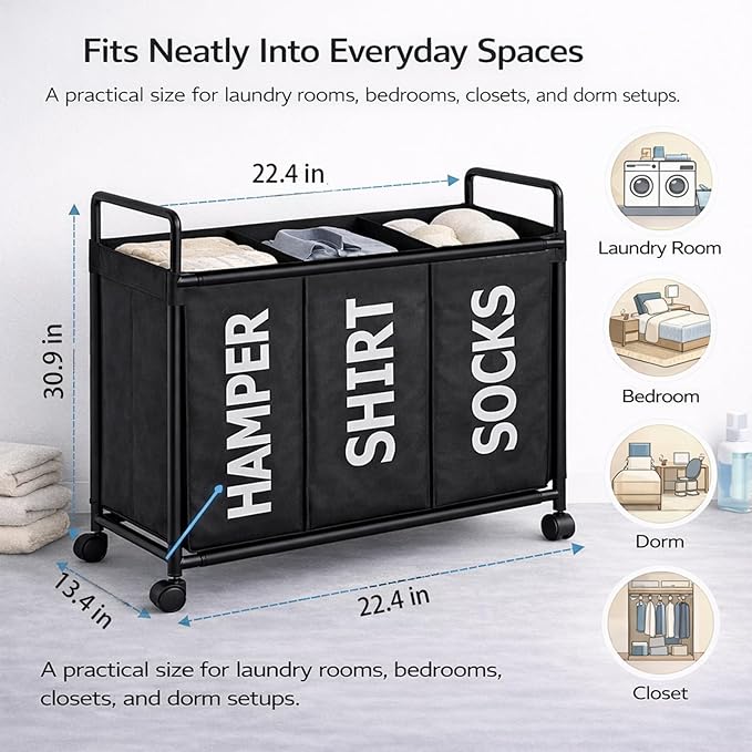 Rolling Laundry Hamper 3 Section with Wheels, Heavy Duty Metal Frame, Waterproof Polyester Fabric, Large Capacity Laundry Sorter for Easy Pre-Sorting and Effortless Transport