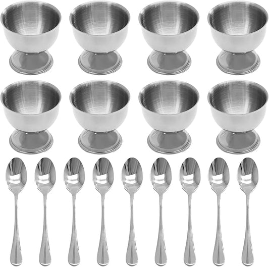 Bonsicoky Silver Egg Cups and Spoons Set of 8 - Stainless Steel Egg Holder with Spoons - Egg Tray Kitchen Tool for Soft & Hard Boiled Eggs