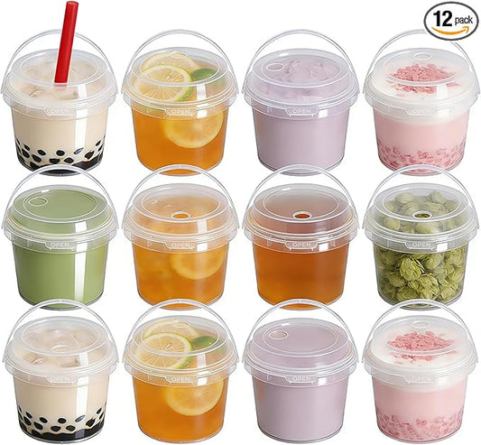 ASEVAT 12 Pack 17oz Clear Plastic Drink Buckets with Dual-Lid System, Reusable 0.5L Cups with Lids and Straws, Leakproof Bucket Cups for Boba Bubble Tea, Smoothies, Iced Coffee