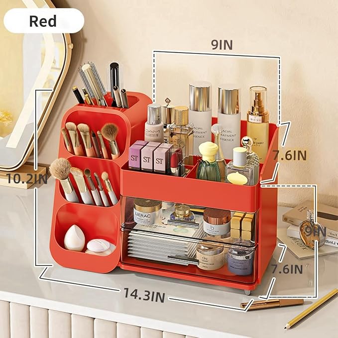 Booklov Makeup Organizer for Vanity, Large Capacity Cosmetic Display Case with Clear Acrylic Drawers, Countertop Beauty Storage Holder for Skincare, Brush Eyeshadow Lipstick, Counter Desk, Crystal Red