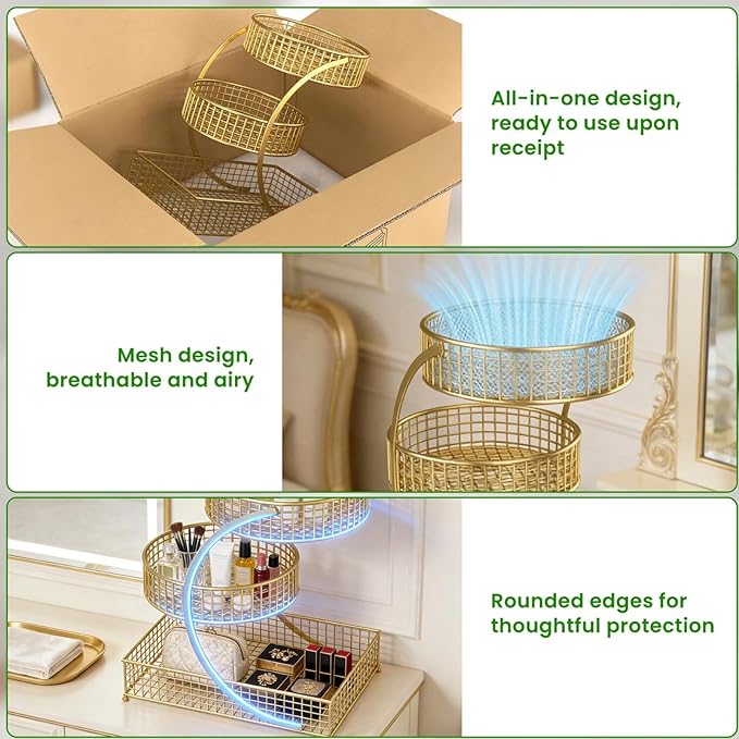 3-Tier Metal Multi-Functional Organizer Basket | Makeup, Skincare, Fruit & Spice Storage Rack | Countertop Vanity, Bathroom & Kitchen Organizer Holder | Stylish Black Wire Shelf (Golden)
