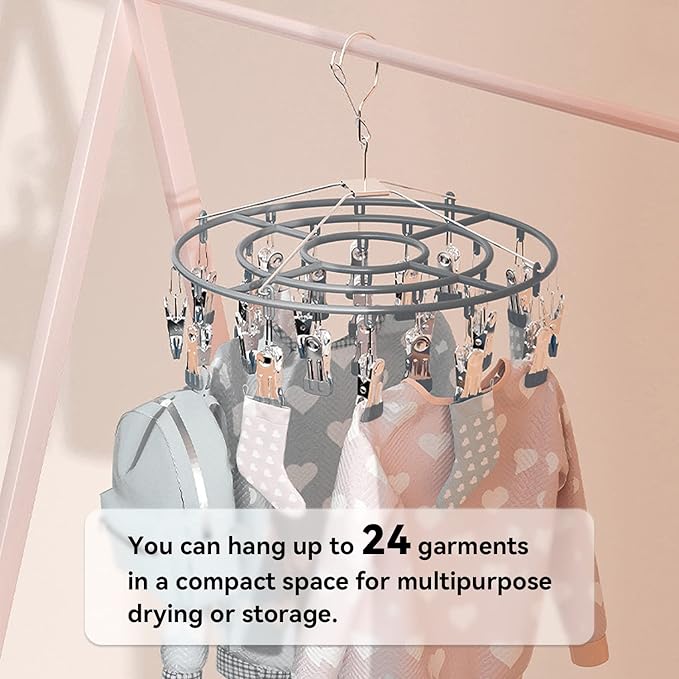 Funamily Stainless Steel Laundry Drying Rack Clothing Sock Drip Clothes Drying Hanger with 24 Clips, Swivel Windproof Hook Round Heavy Duty Underwear Hanger for Indoor Outdoor Wet and Dry (Grey)