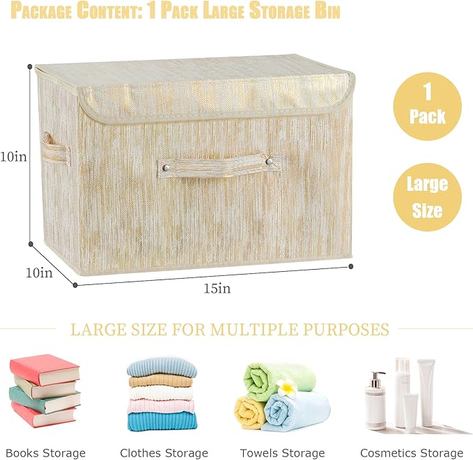 Decorative Storage Boxes with Lid Luxury Metallic Fabric Storage Bins Organizer Containers Collapsible Shelf Baskets with Handles for Home Bedroom Closet Office (Gold, Large Size)