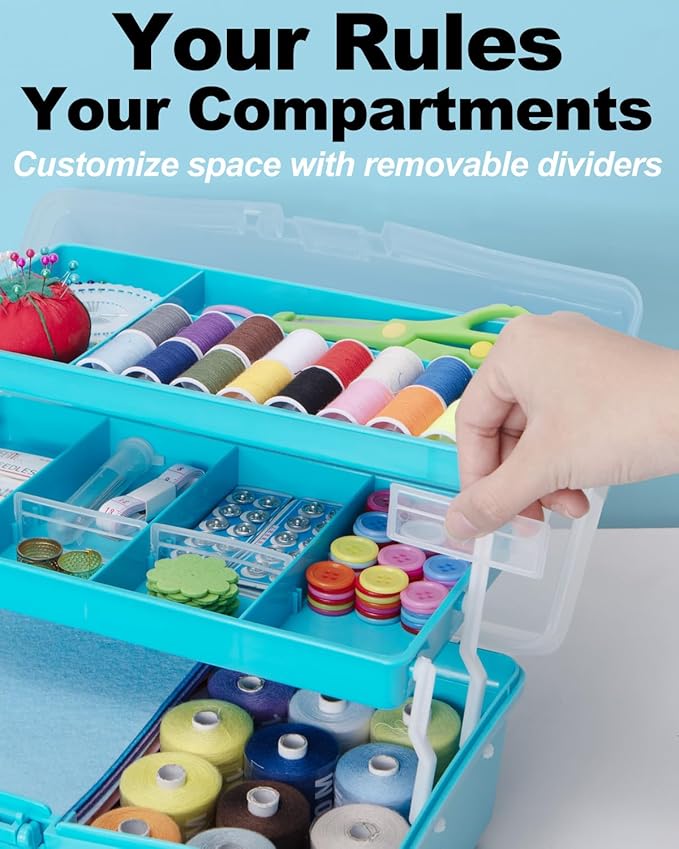 TERGOO 12in 3-Layer Plastic Craft Organizers and Storage, Portable Folding Tackle Box with Handle & Adjustable Dividers, Multipurpose Case for Sewing, Art Supplies, Medicine, Tools (Blue)