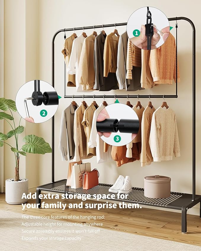 BaiNong Adjustable Closet Hanging Rod Heavy Duty 44'' Black (Black, 44 Inch)