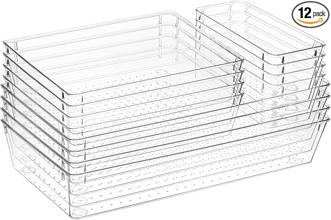 12 Pcs Clear Plastic Drawer Storage Organizer, 12"x 6"x2", 9"x6"x2", 6"x3"x2", Kitchen Bathroom Fridge Utensil Vanity Drawer Organizers Makeup Storage Organizer Drawers Trays for Organization Office