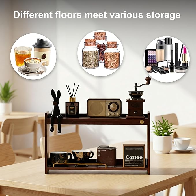 Wooden Cup Holder 2 Tier Walnut Wooden Shelf Organizer Coffee Station Organizer for Kitchen Home