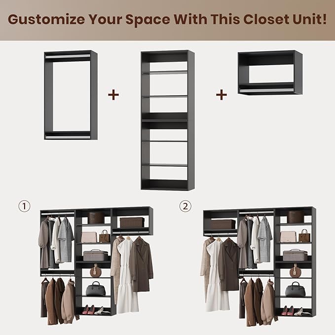 ROOMTEC Modular Closet System, 96" Wall-Mounted Closet Organizer with Hanging Rods, Modern Wooden Tower for Walk-In Closets, Wardrobe Storage Kit, Black