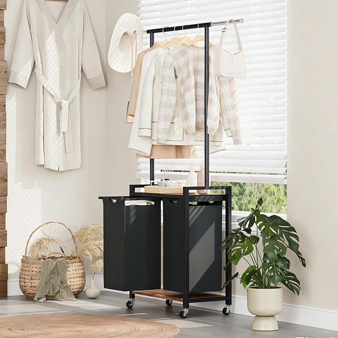 GarveeHome 2-Section Rolling Laundry Cart with Hanging Rack & Utility Shelf | Laundry Sorter Hamper with Lockable Wheels | Laundry Basket Organizer for Bedroom, Bathroom, Laundry Room | Black