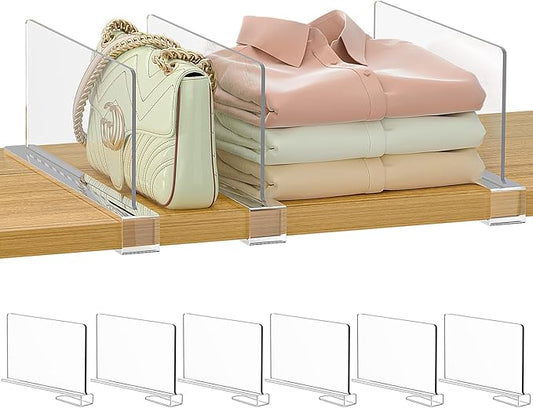 Purse Organizer for Closet Shelf Dividers: 6-inch Tall(Shorter Version) Adjustable Clear Acrylic Bag Storage Organizer for Handbags, Sweaters, Towels, Jeans and Shoes on Wood Shelves 6-Pack