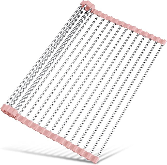 Tomorotec 21" x 15.5" Roll Up Dish Drying Rack Over Sink Drying Rack Sink Cover Kitchen Sink Accessories Gadget Multipurpose Organizer Foldable Stainless Steel Drainer