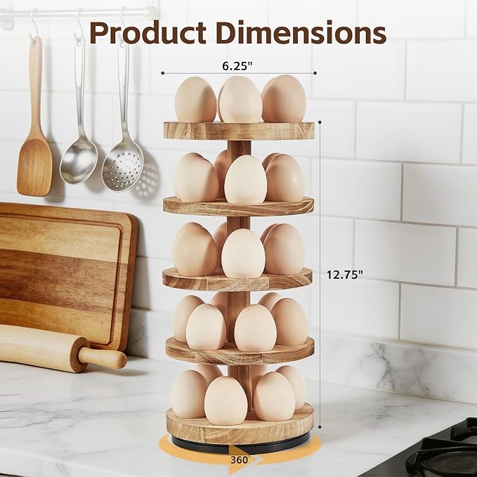 lotoo Wooden Egg Holder Countertop, 5-Tier Egg Rack for Gathering 30 Fresh Eggs, 360° Rotating Spiral Egg Storage Organizer for Kitchen Counter, Farmhouse, Easter Egg Collector, Large Capacity