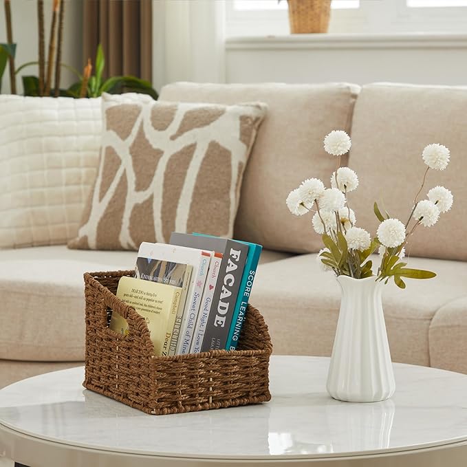 Wicker Baskets for Organizing, Pantry Baskets with Built-in Handles, Handwoven Large Storage Basket - Paper Storage Bins for Shelves, 3 Pack, Brown - 2 Set