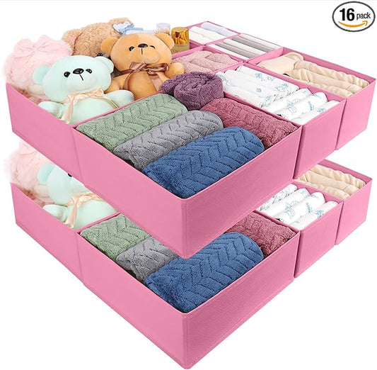 Drawer Organizer Clothes, 16 Pack Dresser Organizer Bins, Foldable Closet Organizers and Storage Fabric Dresser Bins, Shallow Drawer Dividers for Clothing, Underwears, Socks, Tie