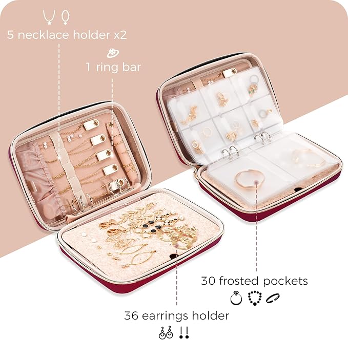 ProCase Extra Large Jewelry Organizer Case, Jewellery Home Storage Book Ring Binder with Clear Pockets for Presentation, Zippered Pouch Bag for Earrings Necklaces Bracelets -Wine