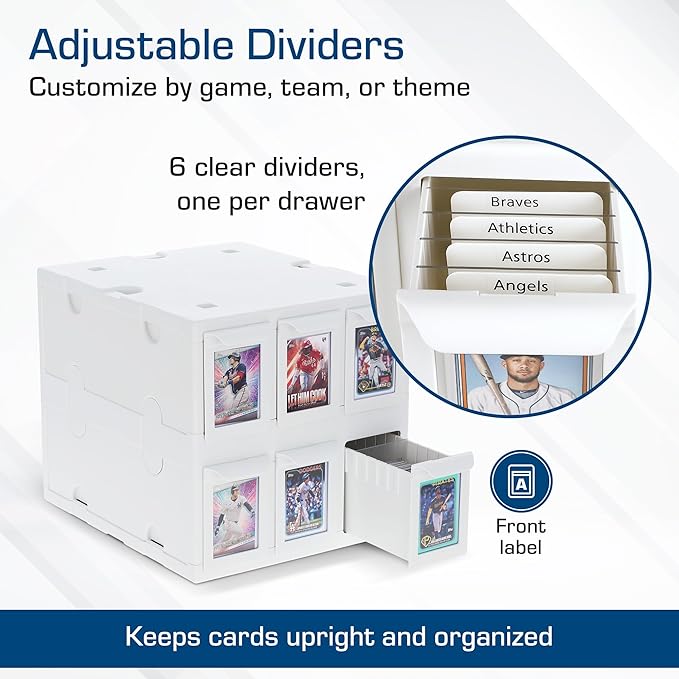 BCW 6 Drawer Card Catalog – White | Stackable Trading Card Organizer Box | Holds Sports Cards, Gaming Cards, Toploaders & Magnetics | Heavy-Duty Plastic Storage with Dividers