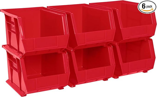 Akro-Mils 30239 AkroBins Plastic Storage Bins, Space-Saving Stackable Bins for Garage, Pantry, Craft Organization, 11-" x 8-" x 7-", Red, 6-Pack