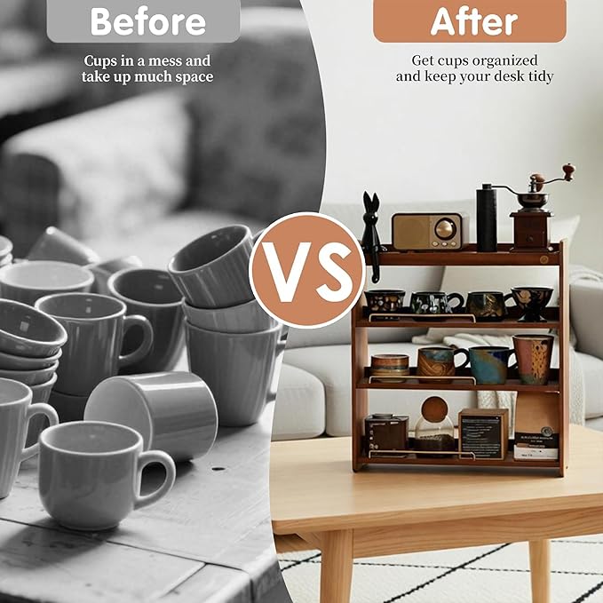 Wooden Cup Holder 4 Tier Walnut Wooden Shelf Organizer Coffee Station Organizer for Kitchen Home
