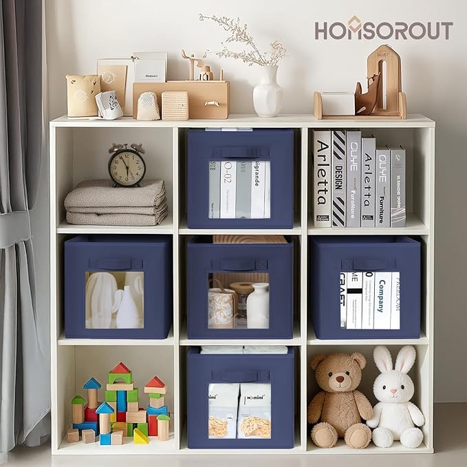Homsorout Storage Cube 11 Inch - Cube Storage Bins with Window, Closet Storage Baskets with Handle, Fabric Bins for Closet, Shelves, Toys, Clothes, Set of 10, Navy Blue