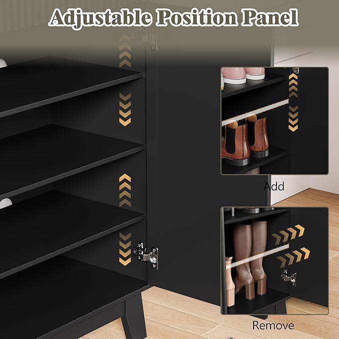 Shoe Cabinet Storage for Entryway, 4 Tier Fluted Shoe Storage Cabinet with 2 Drawers, Narrow Hidden Shoe Organizer with Adjustable Shelves, Freestanding Shoe Rack for Entryway, Hallway, Black