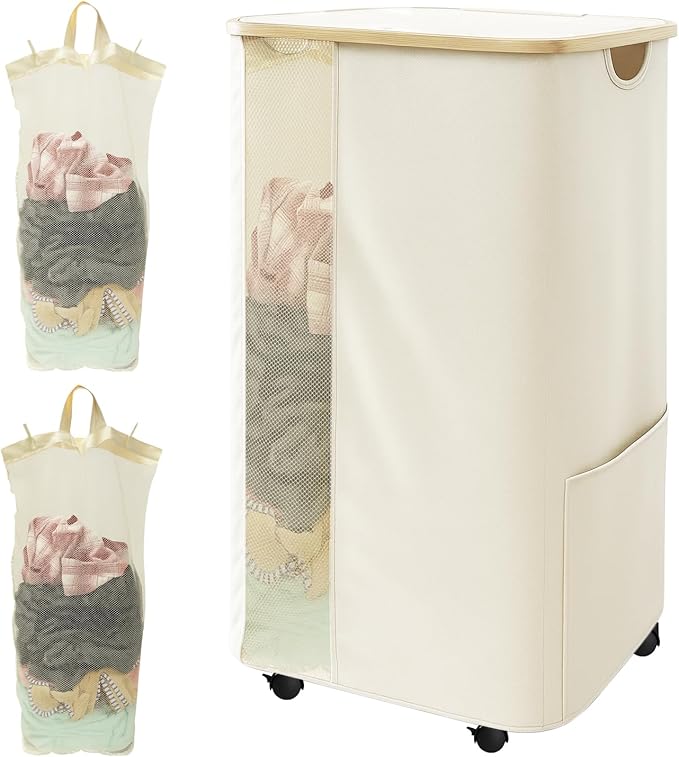 Rolling Laundry Hamper with Lid & Wheels, 110L Slim Double White Laundry Hamper 2 Section, Narrow Large Laundrys Hampers with Removable Bags&Breathable Mesh, Dirty Clothes Hampers for Bedroom