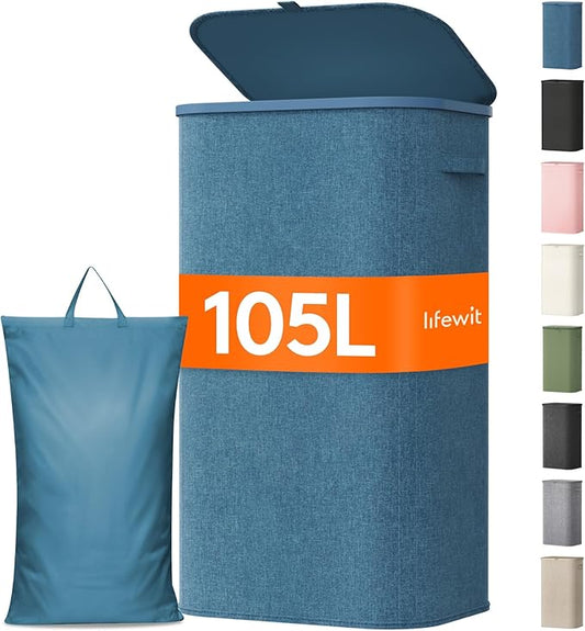 Lifewit 105L Large Laundry Basket with Lid, Laundry Hamper with Plastic Handles and Removable Bag, Foldable Tall Dirty Clothes Hampers for Laundry for Laundry Room, Bedroom, Bathroom, Dorm, Dark Blue
