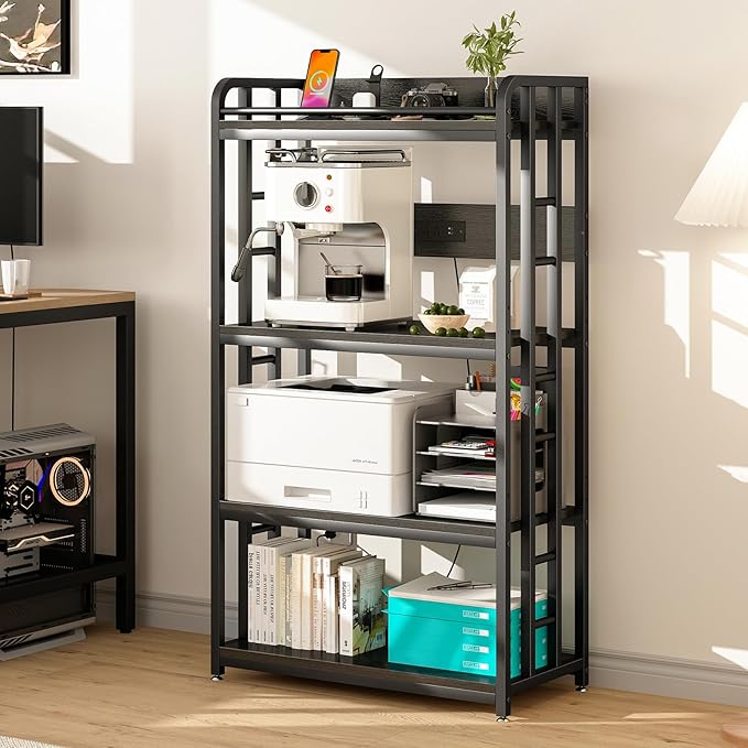 METYERRY Adjustable 4-Tier Heavy Duty Kitchen Baker's Rack with Power Outlet, with Industrial Wheels, Free Standing Microwave Oven Cart Stand for Storage, Garage, Mini Fridge Stand, Black