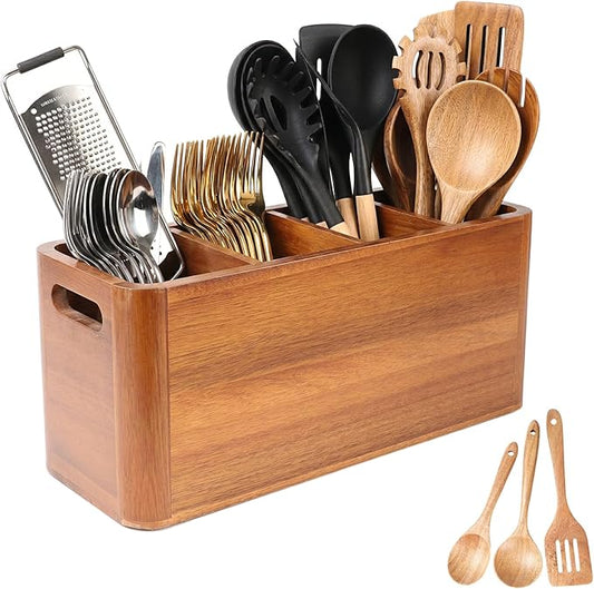 Kitchen Utensil Holder for Countertop, Extra Large Acacia Wood Utensil Organizer, 4-Compartment Storage for Cooking Utensils, Silverware and Cutlery