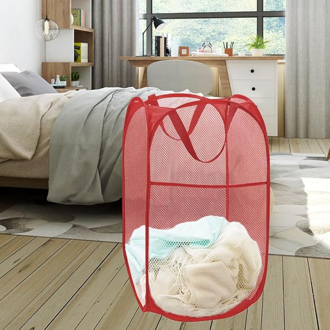 Pop up Hamper for Laundry, Collapsible Mesh Laundry Basket, Portable Foldable Clothes Hamper Storage Bin for Apartment, College Dorm or Travel, Red