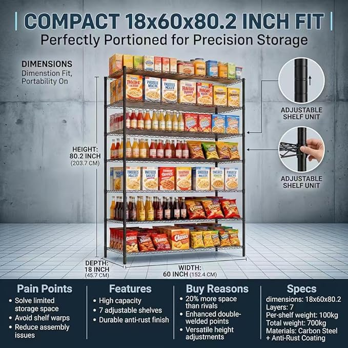 Finnhomy 4200LBS 7-Tier Wire Shelving Unit Adjustable Steel Wire Rack, 18x60x80.2 Inches 7 Shelves Metal Rack, Pantry Shelves for Storage, Metal Garage Shelving with 1" Poles, NSF Certified, Black