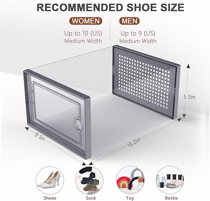Kuject Large Shoe Organizers Storage Boxes for Closet, 12 Pack Clear Plastic Stackable Storage Bins with Lids, Under Bed Shoe Containers for Entryway, Drop Front, Fit up to Women's Size 10,Dark Gray