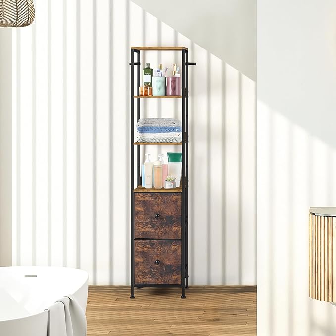 Tall Bathroom Cabinet, Narrow Storage Cabinet with Drawers Tall Slim Floor Cabinet, Bathroom Organizers and Storage for Small Space, Living Room and Bedroom, Brown