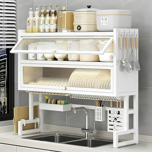 Over The Sink Dish Drying Rack, Piano Lacquer, Thickened Steel Pipe, Over Sink Dish Drying Rack, Over Sink Rack, for Dishes, Glasses, Bowls, Cutlery White 34.46in (Medium-Large)