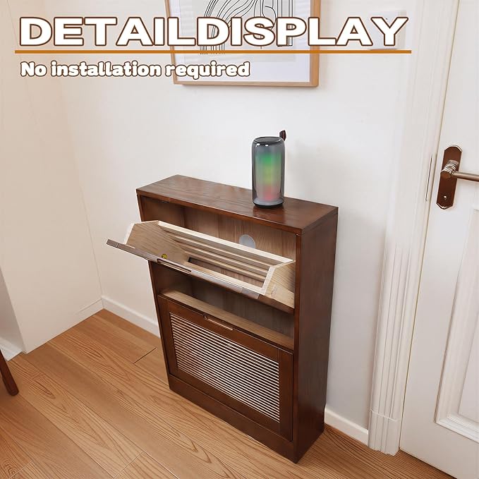 Solid Shoe Storage Cabinet with 2 Flip Drawers, Narrow Wood Shoe Organizer Cabinet with Fluted Panel, Slim Shoe Rack for Entryway, Freestanding Shoe Cabinet for Entryway Hallway Foyer，Walnut
