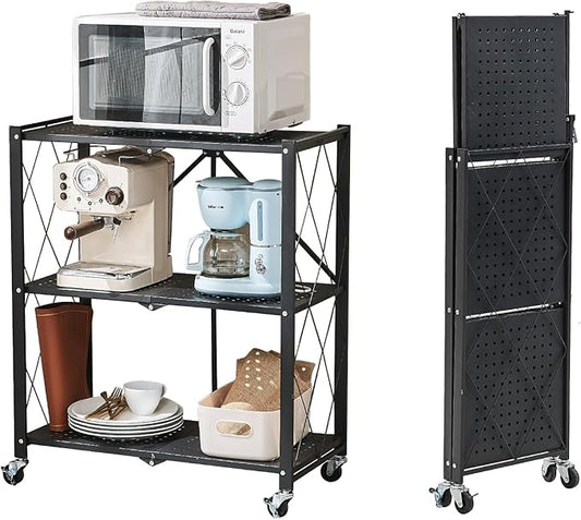BRIAN & DANY 3-Tier Foldable Storage Shelves with Wheels, No Assembly Folding Shelf Metal Rack, Shelving Unit for Kitchen, Garage, Black