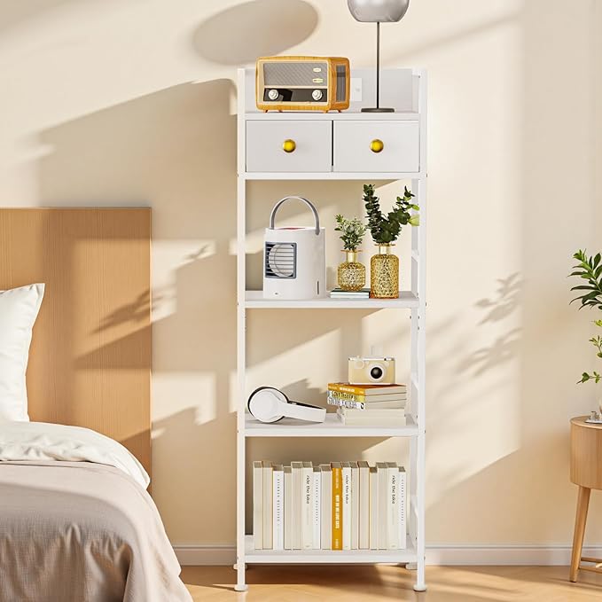 Storage Tower with USB Outlet & LED Lights, 2 Fabric Drawers and 4 Shelves, Narrow Closet Organizer for Bedroom, Bathroom, Entryway, White