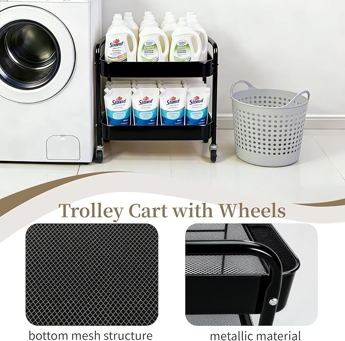 2 Pack Pantry Cart 2 Tier Small Rolling Cart with Wheels for Under Desk Storage, Short Rolling Utility Cart Large Basket Metal Kitchen Shelf with Mesh Laundry Room Organizer Side Table, Black