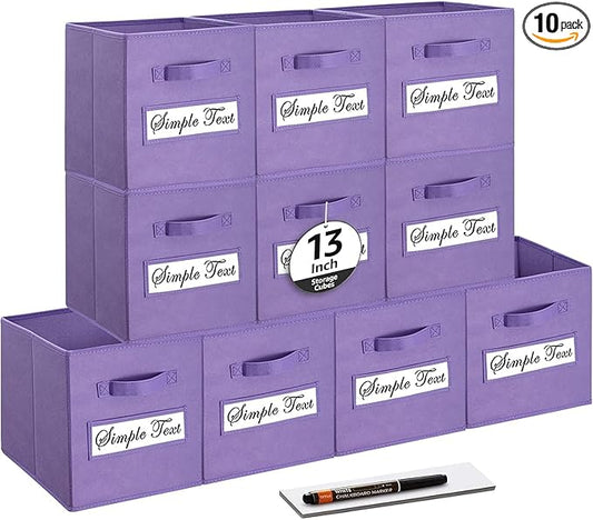 artsdi 13x13x13 storage cube bins (Set of 10) Fabric storage cubes with 10 Labels Window Cards & a Pen, storage cubes 13x13, Collapsible 13 inch cube storage bins, Cubby Organizer Boxes, Purple