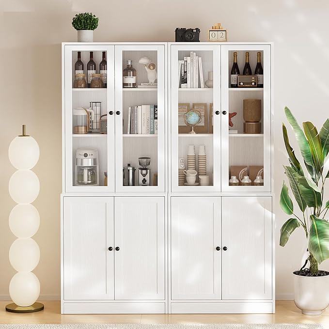 TUSY 71" TV Stand Storage Set - 2 Tall Bookcases & 2 Side Cabinets, Media Console with Glass & Wood Doors, Entertainment Center with Drawers, Tall Media Console for Living Room (White, ACCA)