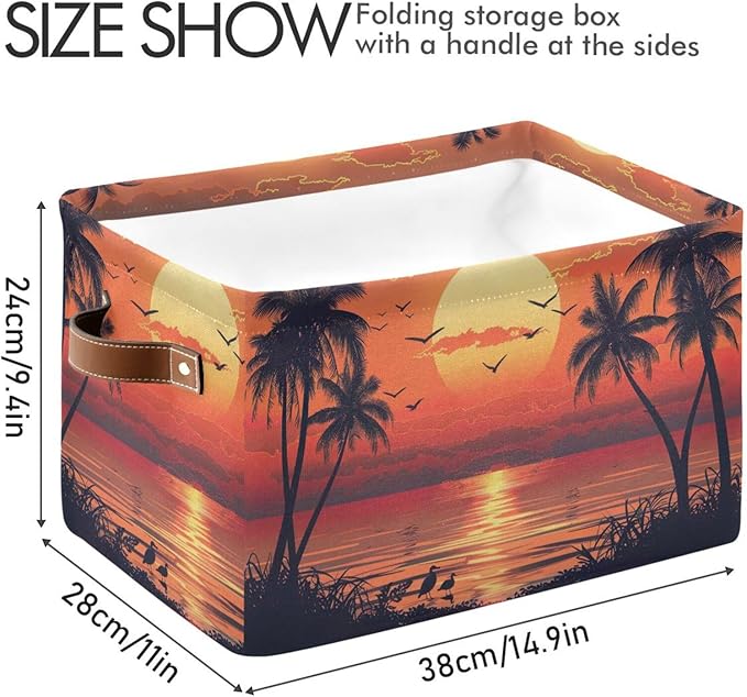 xigua Summer Palm Trees Storage Basket Collapsible Storage Bins Waterproof Canvas Storage Basket with Leather Handles for Home Closets Offices,Bedrooms,Gift Baskets,1PCS