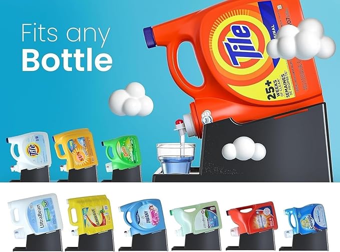 TidyFriend 2 Pack Liquid Laundry Detergent Holder Stand with Strap, Drip Tray & Rubber Feet, Stand for Laundry Room Organization and Storage, Fabric Softener Dispenser Holder for Easy Pouring (Black)