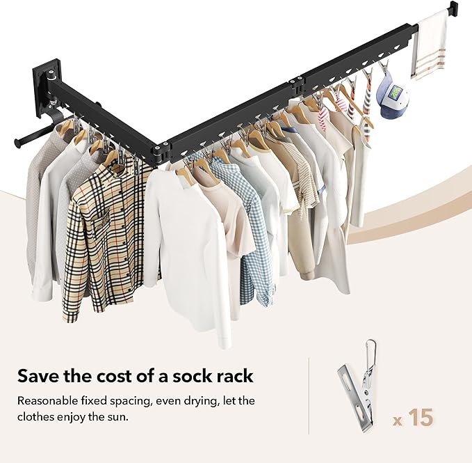 HEILAIYI Wall Mounted Clothes Hanger,Clothes Drying Rack,Laundry Drying Rack,Clothes Rack,Laundry Rack Wall Mount,Retractable Collapsible Drying Rack Clothing (Windproof Holes,with Clips),Black