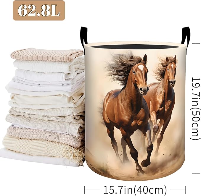 Rustic Horse Laundry Basket, Desert Sunset Foldable Oxford Cloth, Waterproof Dirty Clothes Hamper with Handles, Clothing Storage Bucket Toy Organizer for Bathroom Bedroom Dorm, 19.7"x15.7"