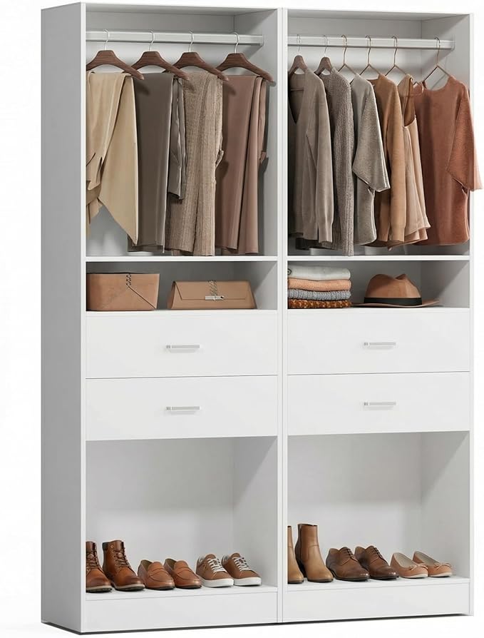 VOWNER 50'' Freestanding Closet System with Drawers & Hanging Rod, Wood Closet Organizer System, Walk-in Closet Shelving Unit, Clothes Garment Rack, Armoire Wardrobe Closet Bedroom Entryway