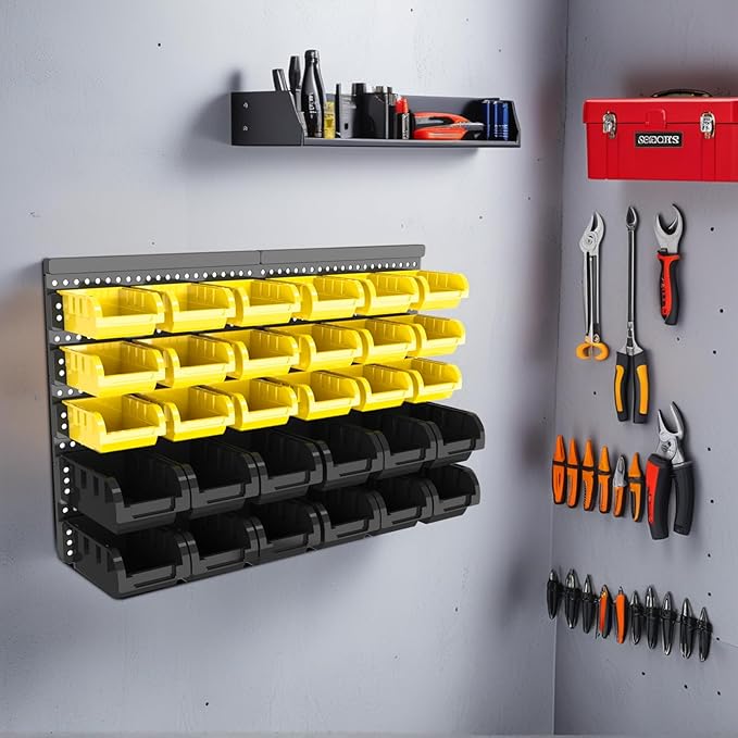 Wall Mounted Storage Bins, Nut and Bolt Organizer, Plastic Bolt Bin, Screw Organizer, Storage Bins for Garage (YELLOW+BLACK, SMALL(30PCS))