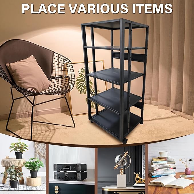 5-Tier AV Media Stand with Wheels, Media Console Cabinet With Adjustable Shelves, Metal Audio Rack, Mobile Game Console Stand, Stereo Audio Cabinet For Record Player, Dvd, TV Box