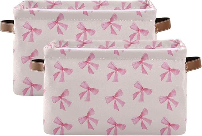 xigua Bow Storage Basket Collapsible Toy Storage Bins Waterproof Canvas Storage Basket with Leather Handles for Home Closets Offices,Bedrooms,Toy and Gift Baskets,2PCS