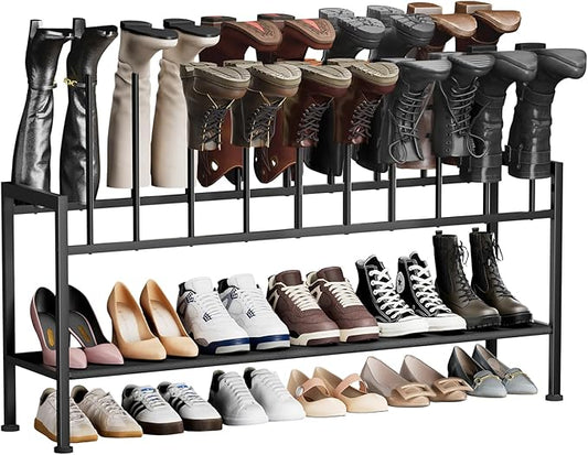 DIMJ Boot Rack 3-Tier - Black Metal Boot Storage Rack for Tall Boots Organizer, Multiuse Shoe Rack for Boots, Sneakers, High-Heel, Entryway, Fit for 10 Pairs, Black